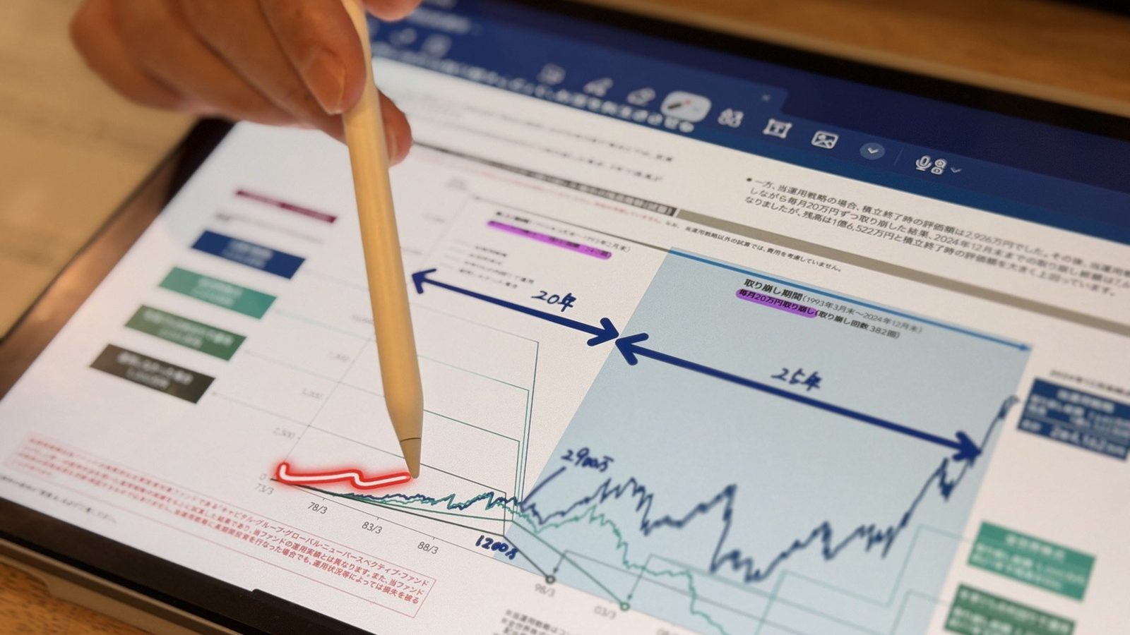 タブレットの資料に線を引きながら、制度の説明をしているところ