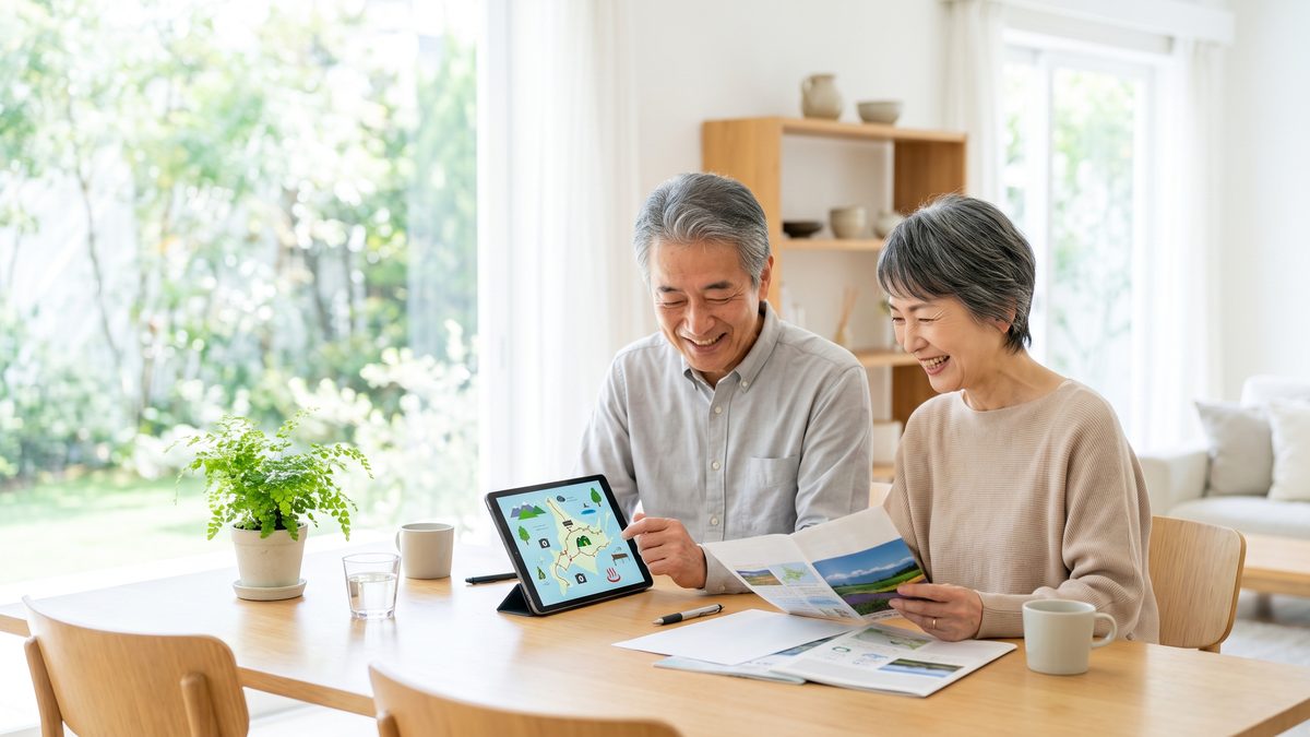 退職後の受け取り方を自宅で一緒に確かめる60代の夫婦